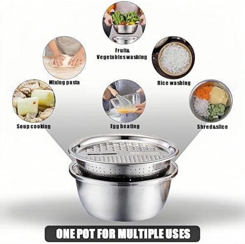 3-in-1 Stainless Steel Grater, Strainer and Drain Basket Salad Bowl, 10.5 Inch