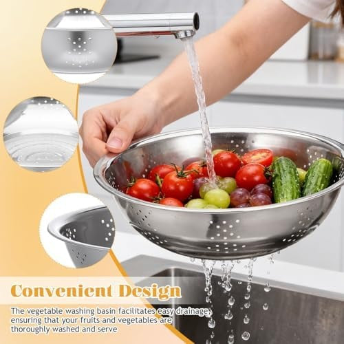 Stainless Steel Colander Strainer Basin Set with Vegetable Grater Plate and Drainer Basket