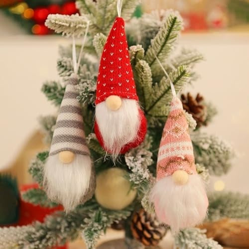 3-Piece Plush Gnome Christmas Tree Ornaments, Swedish Santa Elf Hanging Decorations