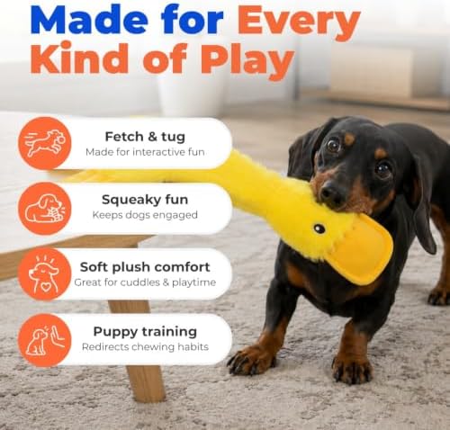 Squeaky Crinkle Duck Dog Toy, No-Stuffing Plush, Yellow