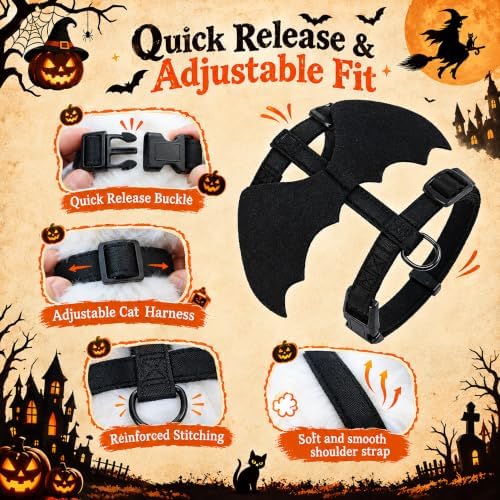 Cat Harness and Leash Set with Bat Wings, Escape Proof Adjustable Halloween Vest, Small