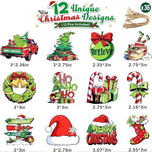 24-Piece Wooden Christmas Hanging Ornaments, Green Tree Decorations in Classic Patterns
