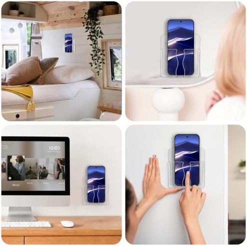 2-Pack Transparent Wall Mount Phone Holders with Charging Hole, Self-Adhesive Bedside Stand