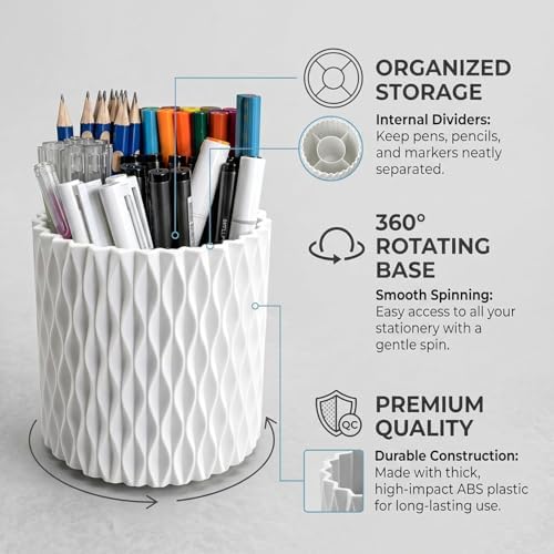 360 Rotating Desk Pen Holder, White Ripple Pattern 5-Compartment Pencil Cup