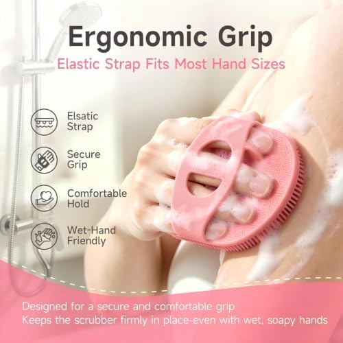 Silicone Body Scrubber with Flocked Bristles and Hand Strap, 5 Inch Pink