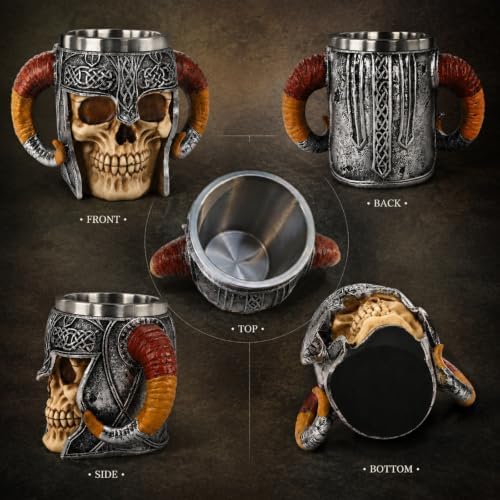 Stainless Steel Skull Mug, 18 oz Viking Skeleton Beer Stein with Double Handles