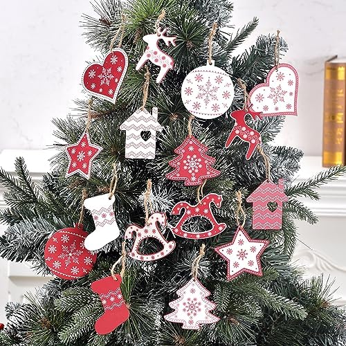 32-Piece Rustic Wooden Christmas Tree Hanging Ornaments, 16 Farmhouse Styles