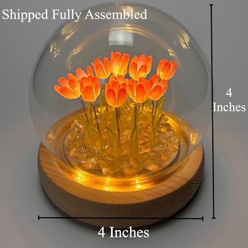 Tulip Flower Lamp with Glass Globe, LED Night Light Gift for Mom, Bedroom & Desk Decor