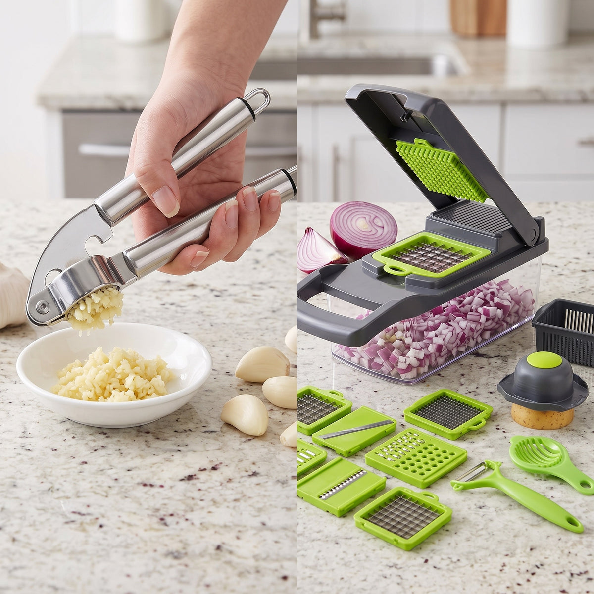 Kitchen Prep Duo: Stainless Steel Garlic Press + 15-in-1 Vegetable Chopper with Container