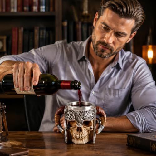 Stainless Steel Skull Mug, 18 oz Viking Skeleton Beer Stein with Double Handles
