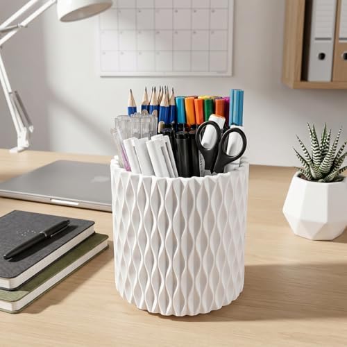 360 Rotating Desk Pen Holder, White Ripple Pattern 5-Compartment Pencil Cup
