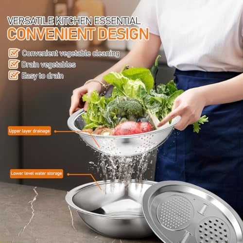 Stainless Steel Colander Strainer Basin Set with Vegetable Grater Plate and Drainer Basket