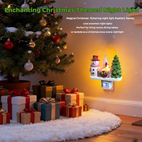 Snowman Christmas Plug-In Night Light, Flickering Campfire Lamp with Swivel Plug