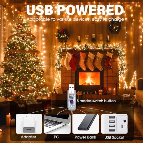 66 ft 200 LED USB Fairy String Lights, Warm White Copper Wire Twinkle Lights for Bedroom
