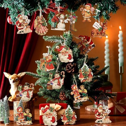 36-Piece Retro Wooden Christmas Tree Ornaments, Vintage Hanging Decor, Assorted Designs