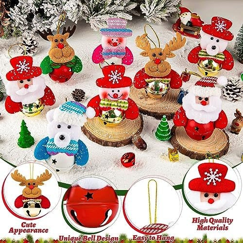 8-Piece Christmas Plush Bell Ornament Set, Santa and Bear Hanging Decorations