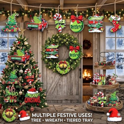 24-Piece Wooden Christmas Hanging Ornaments, Green Tree Decorations in Classic Patterns