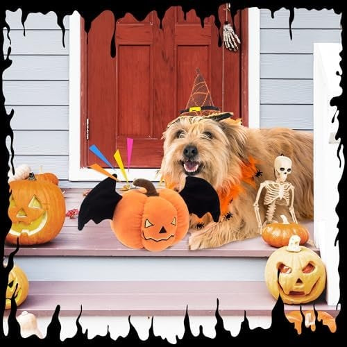 Halloween Pumpkin Squeaky Plush Dog Toy with Crinkle Wings for Puppies