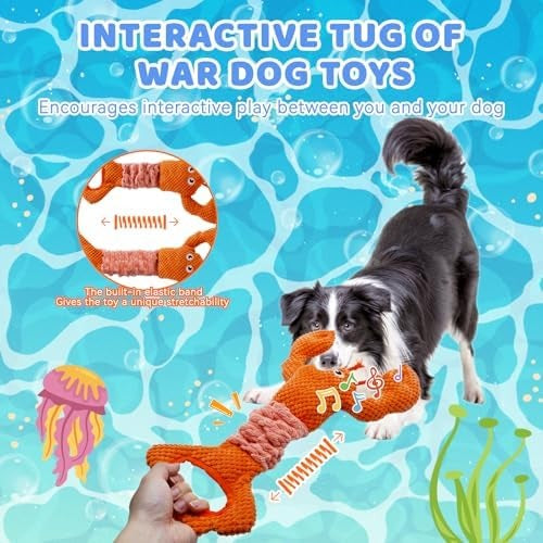 Lobster Plush Squeaky Dog Toy with Stretchy Tug Band, Interactive Chew Toy