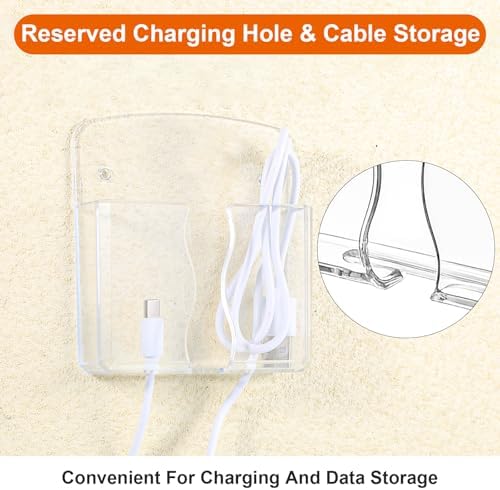 2-Pack Transparent Wall Mount Phone Holders with Charging Hole, Self-Adhesive Bedside Stand