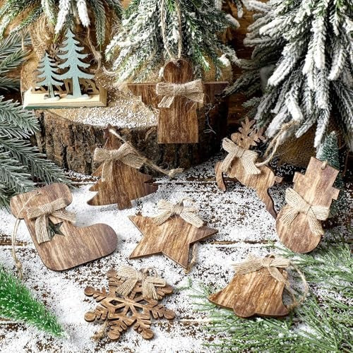 8-Piece Rustic Wooden Christmas Tree Ornaments, Vintage Farmhouse Hanging Decorations
