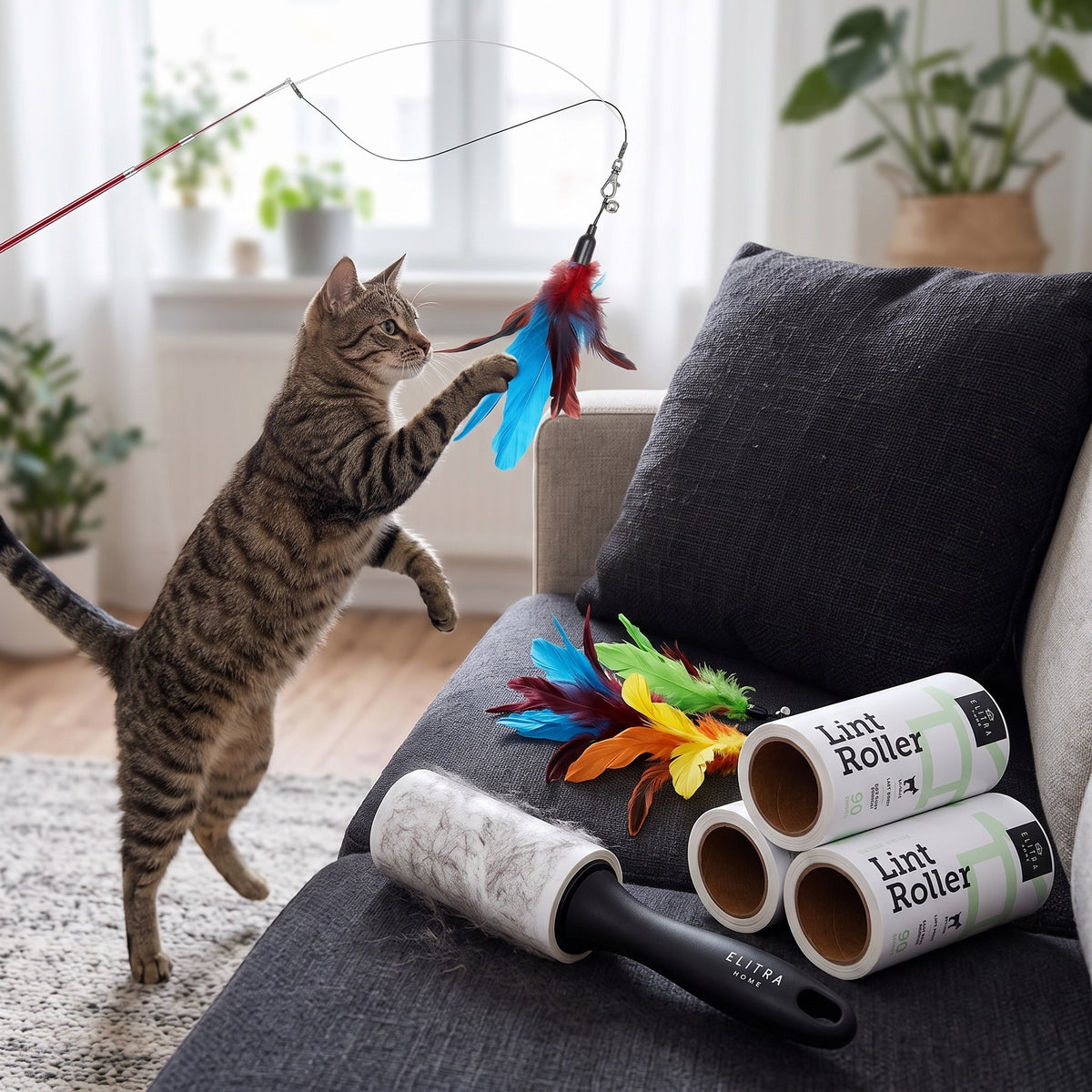 Pet Owner Kit: Retractable Cat Feather Wand Toy with Refills + Elitra Lint Roller and Refills