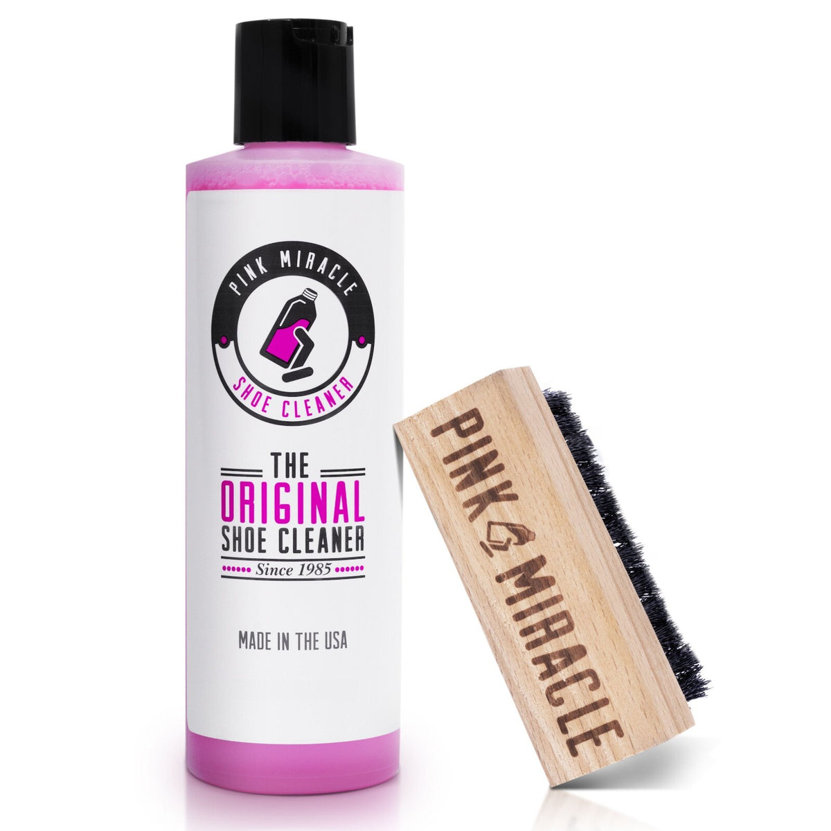 Boot Care Kit: 2-Way Wooden Shoe and Boot Stretcher + Pink Miracle 8 oz Cleaner with Brush
