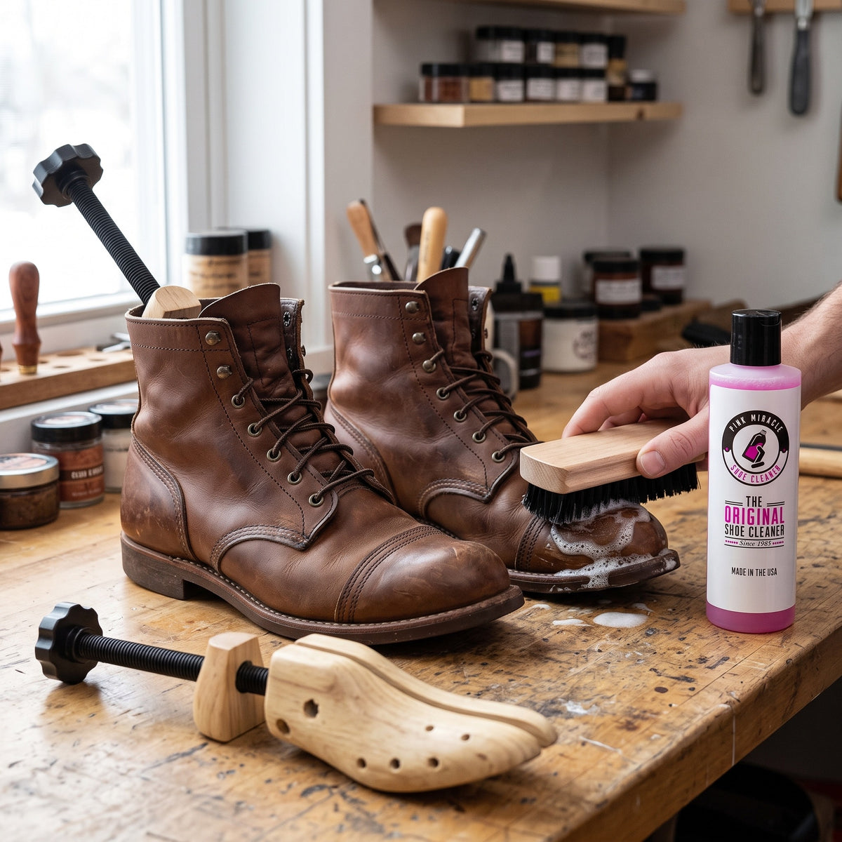 Boot Care Kit: 2-Way Wooden Shoe and Boot Stretcher + Pink Miracle 8 oz Cleaner with Brush
