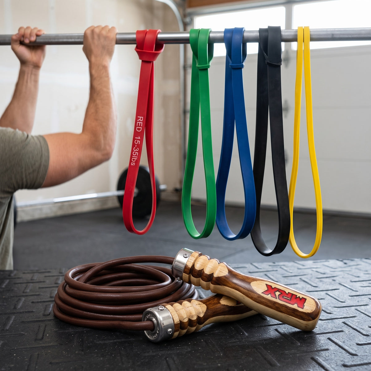 Strength & Cardio Kit: 5 Heavy Duty Loop Resistance Bands + MRX Weighted Jump Rope