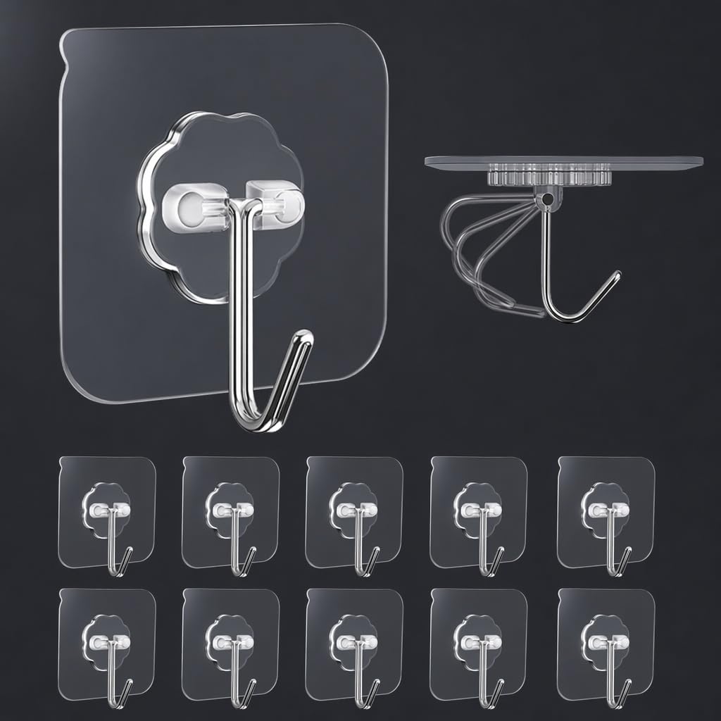 10-Pack Heavy Duty Adhesive Wall Hooks, Clear Waterproof Towel & Coat Hooks