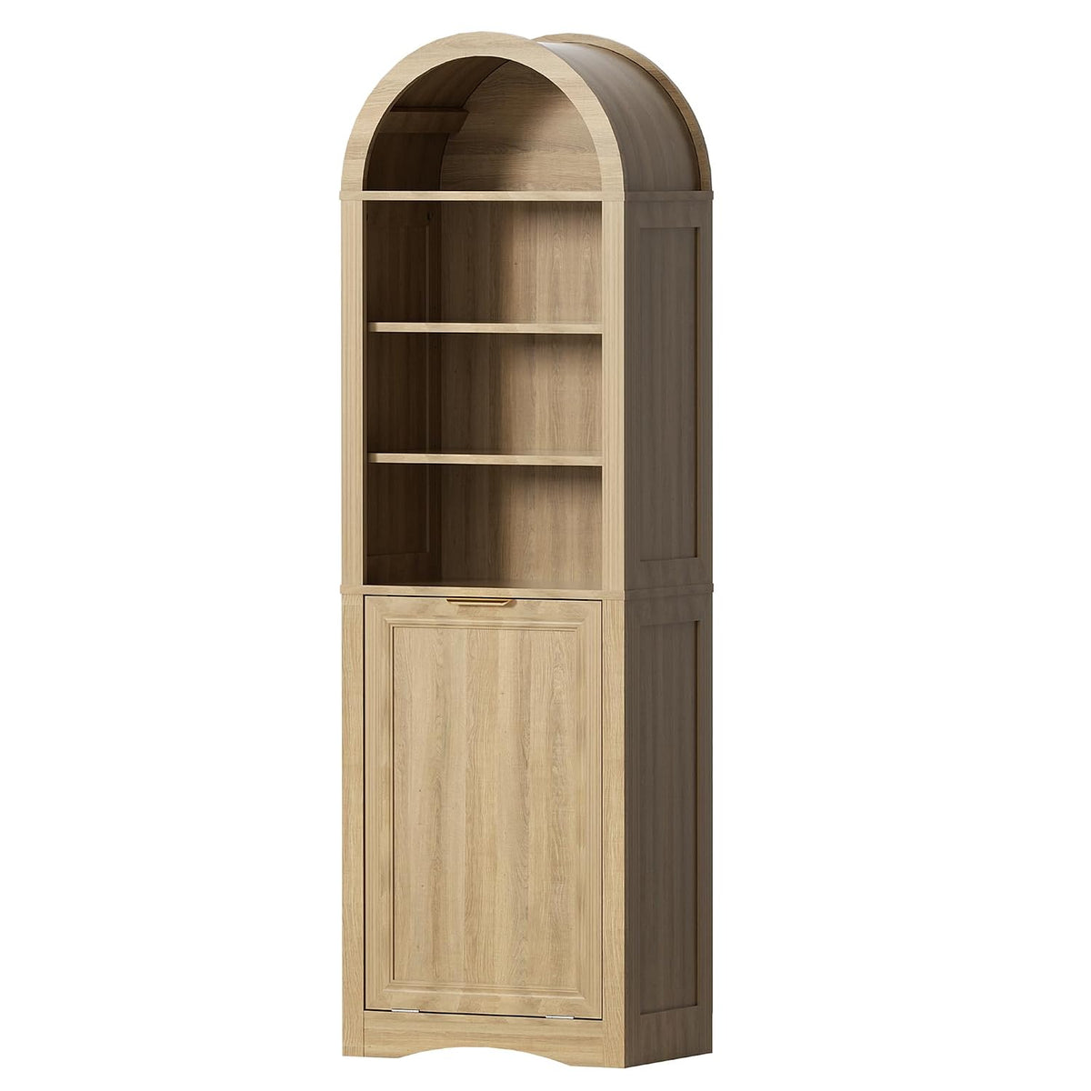 Arched Tilt-Out Trash Can Cabinet, 13 Gallon Hidden Bin with 3-Tier Open Shelves, Natural Wood