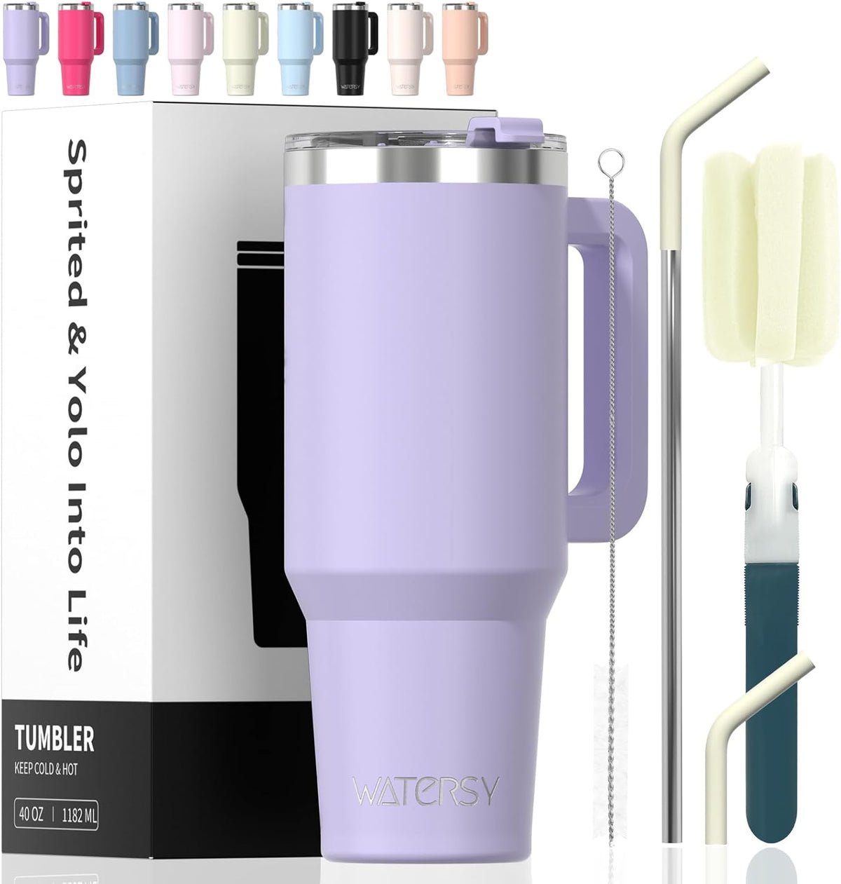 40 oz Insulated Stainless Steel Tumbler with Handle, Lid and Straw, Light Purple