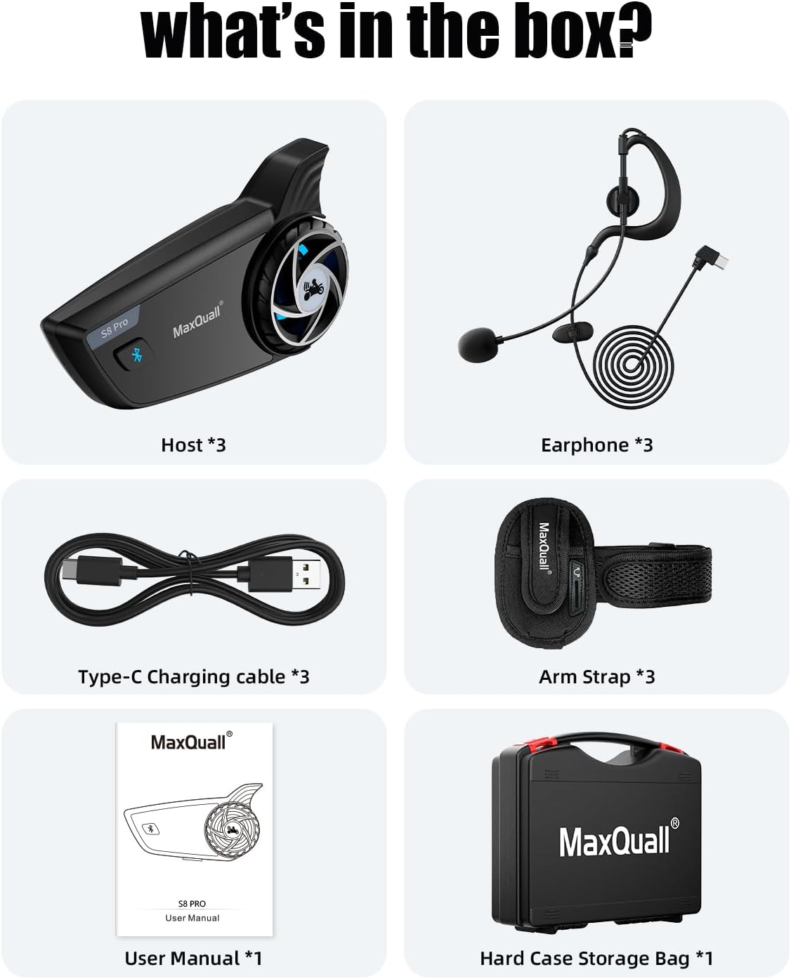 MaxQuall S8 Pro 3-person referee headset set, what's in the box