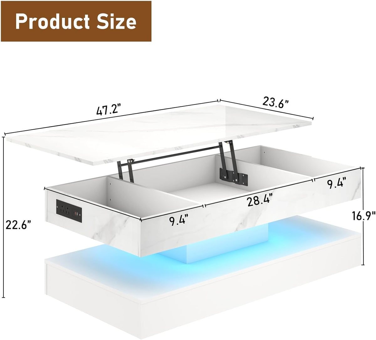 47.2" Lift Top Coffee Table with LED Lights, Charging Station & Hidden Storage, White Marble