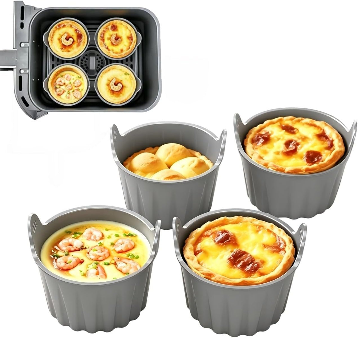4-Pack Silicone Air Fryer Ramekins, Reusable Non-Stick Baking Cups, BPA Free