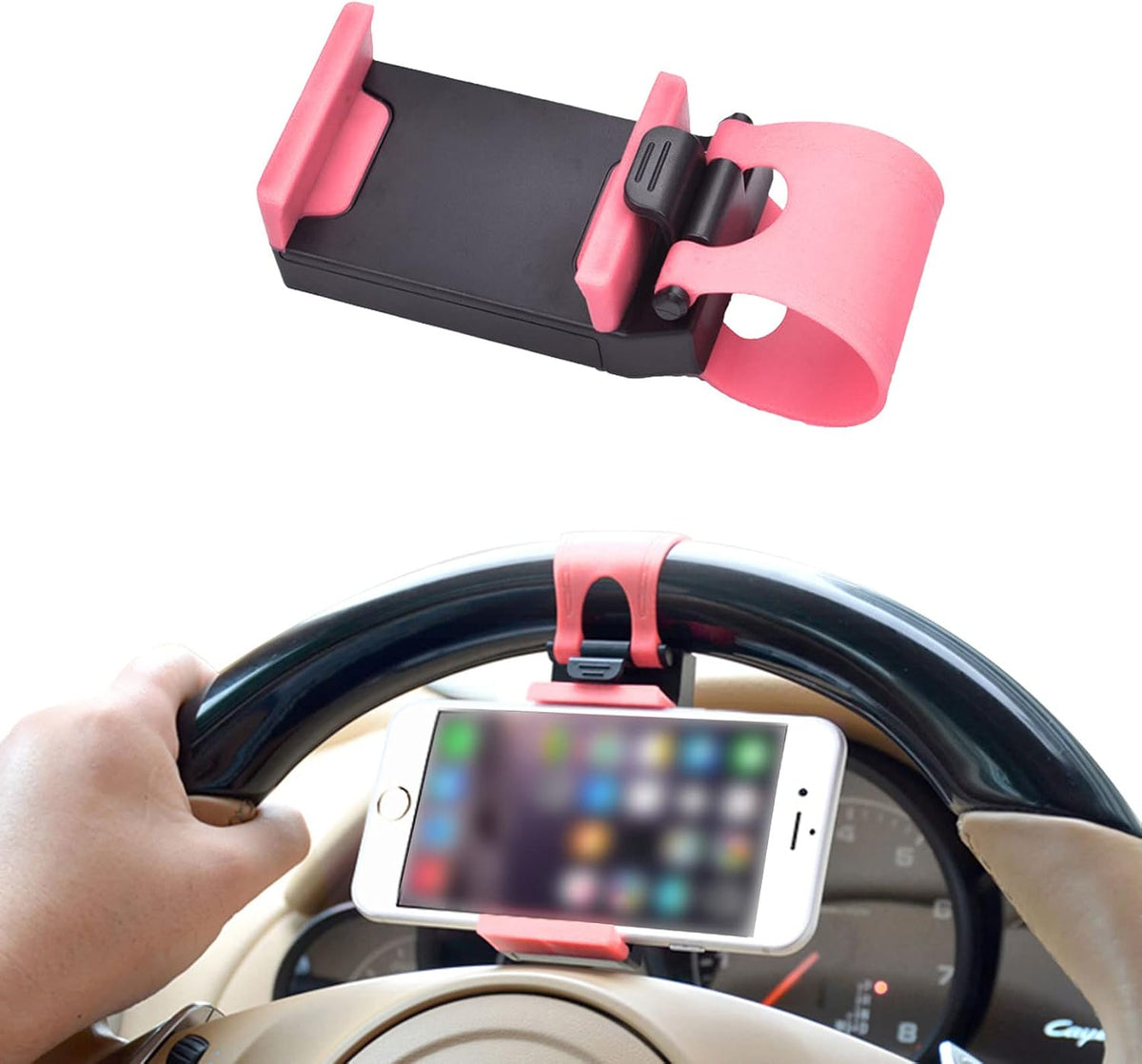 Car Steering Wheel Phone Holder, Universal Clip-On Mount for Smartphones up to 6.7 in