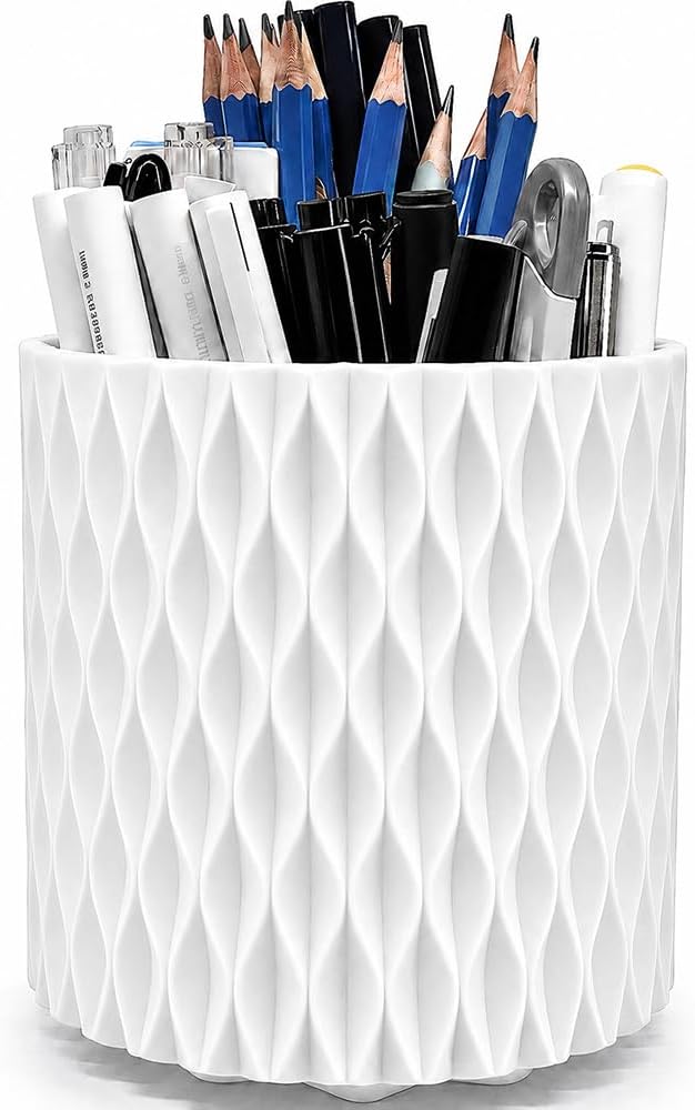 360 Rotating Desk Pen Holder, White Ripple Pattern 5-Compartment Pencil Cup