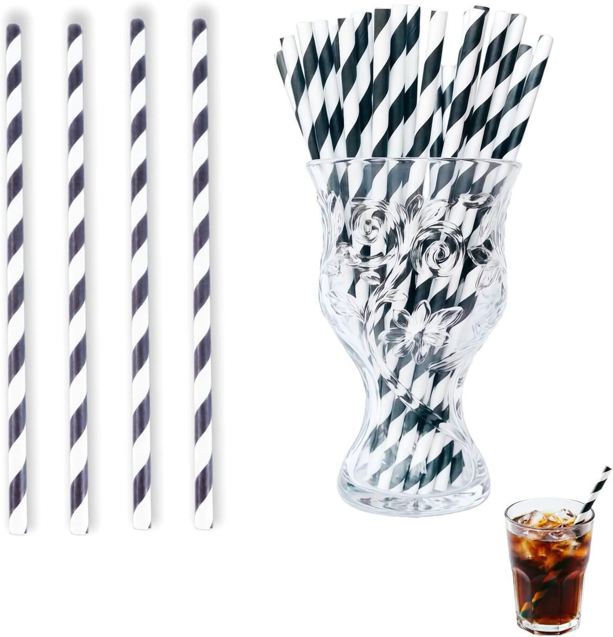 100-Pack Black and White Striped Paper Straws, 7.75 Inch Compostable Drinking Straws