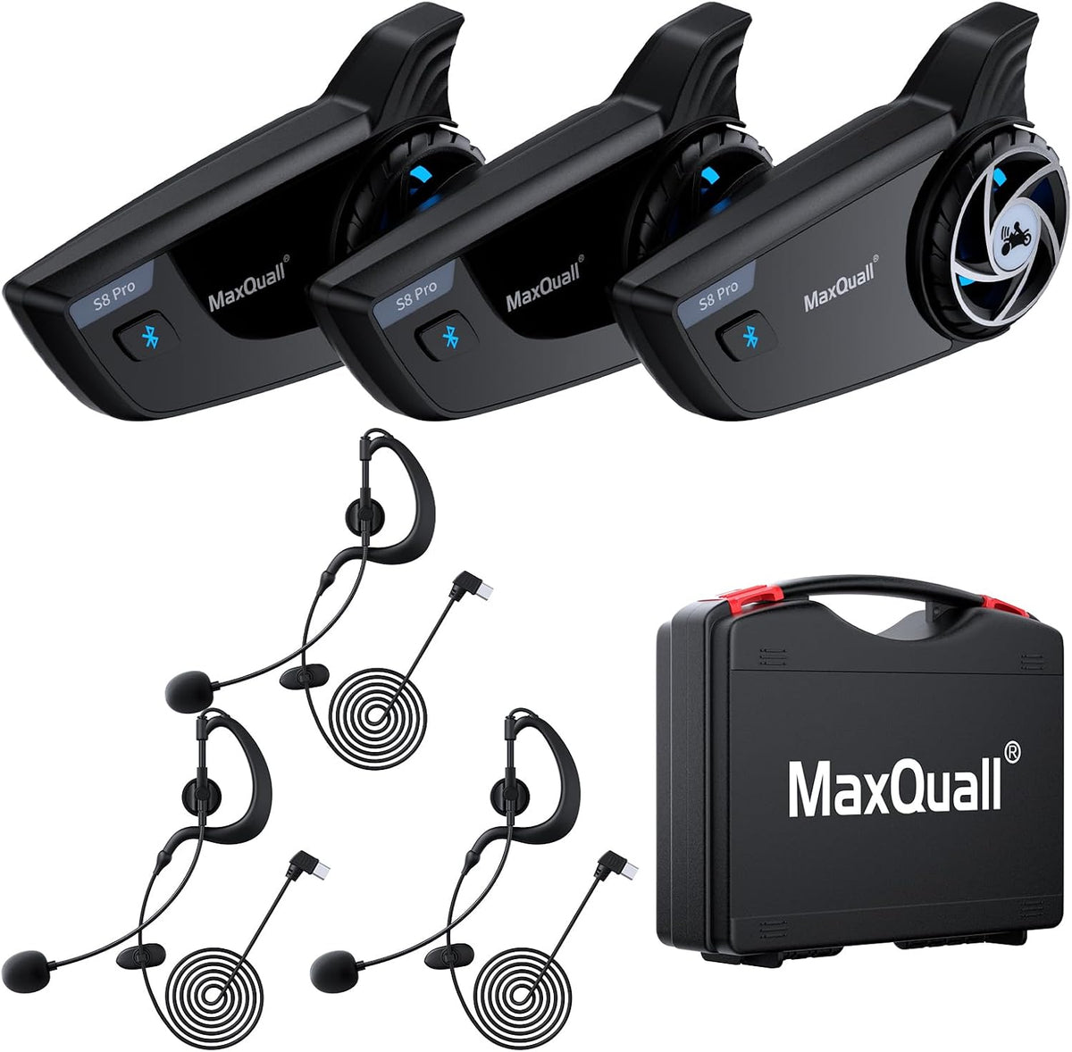 MaxQuall S8 Pro headsets, earpieces and case