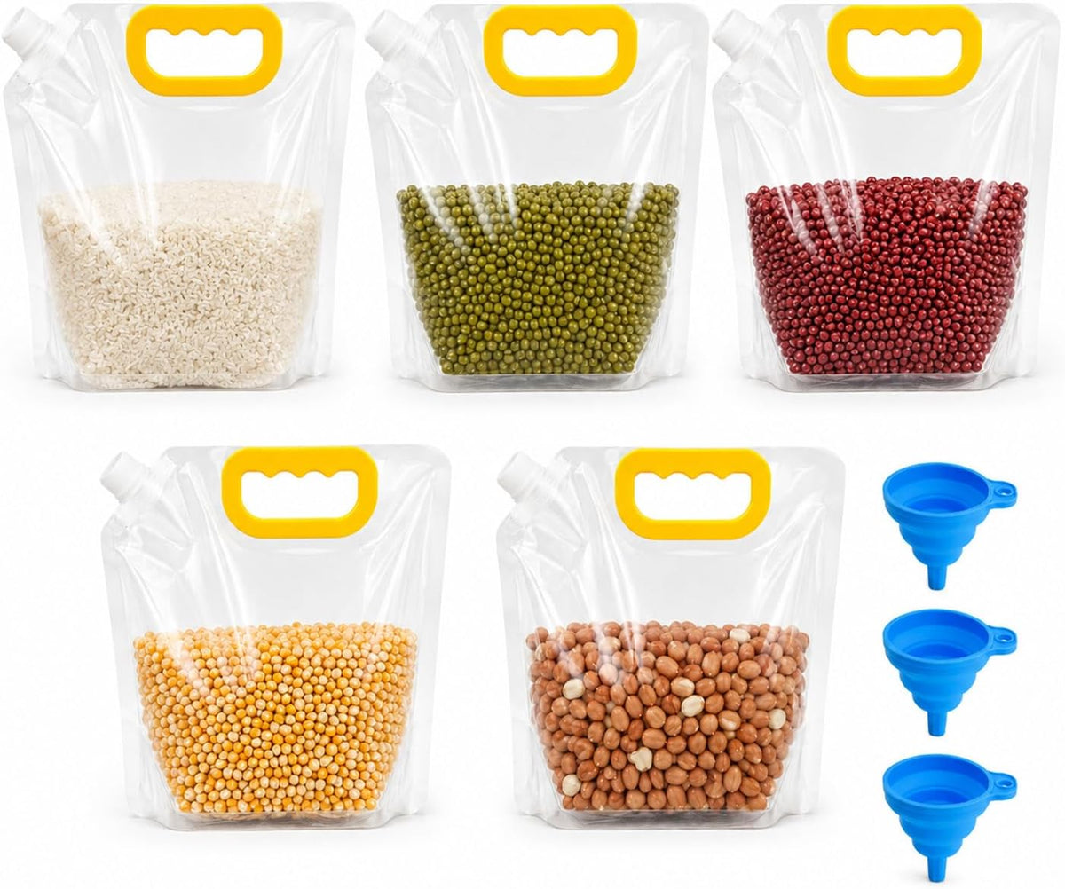 Airtight Grain Storage Bags with Handle, 5 Pack Stand-Up Food Storage Pouches for Rice, Flour & Beans