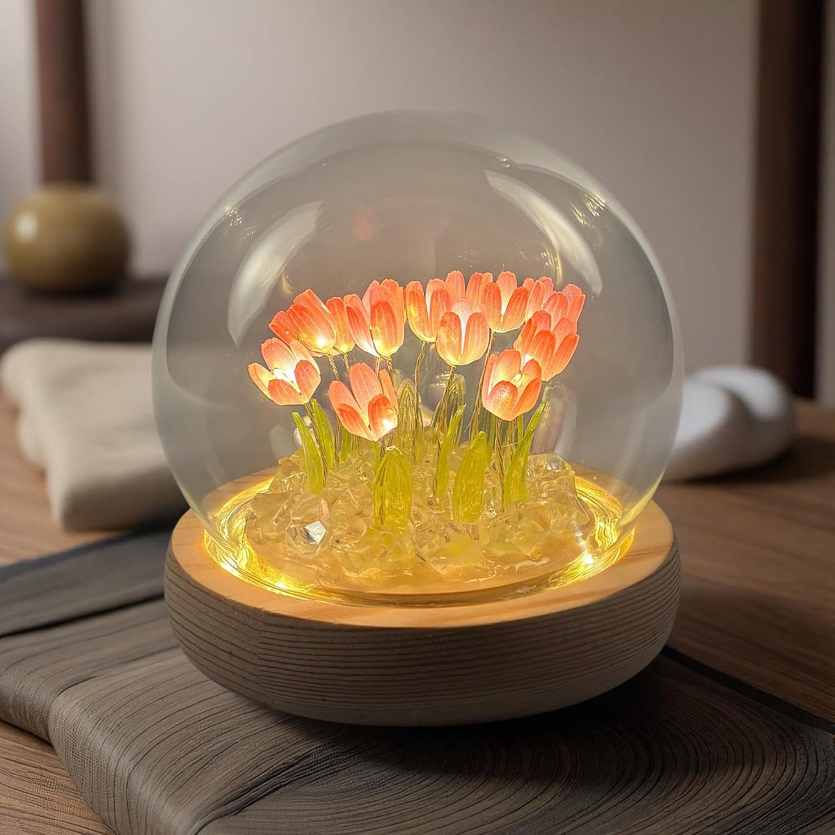 Tulip Flower Lamp with Glass Globe, LED Night Light Gift for Mom, Bedroom & Desk Decor
