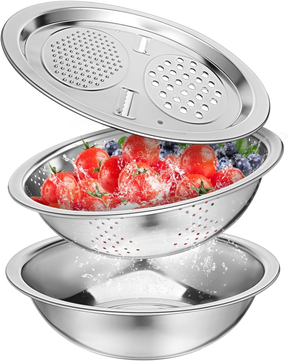 Stainless Steel Colander Strainer Basin Set with Vegetable Grater Plate and Drainer Basket