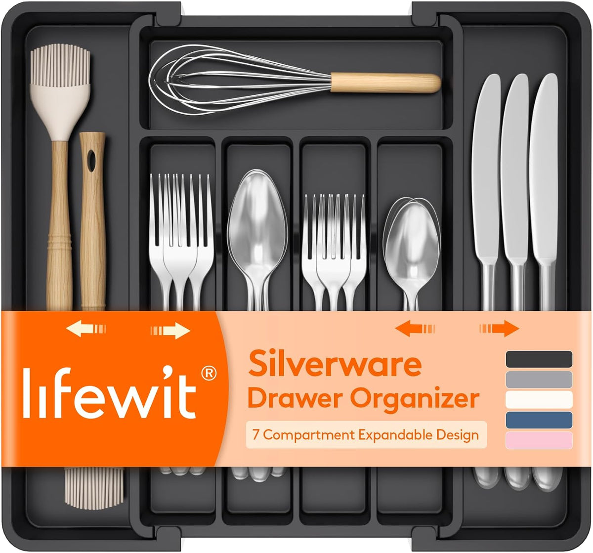 Expandable Silverware Drawer Organizer, 7-Compartment Kitchen Utensil Tray