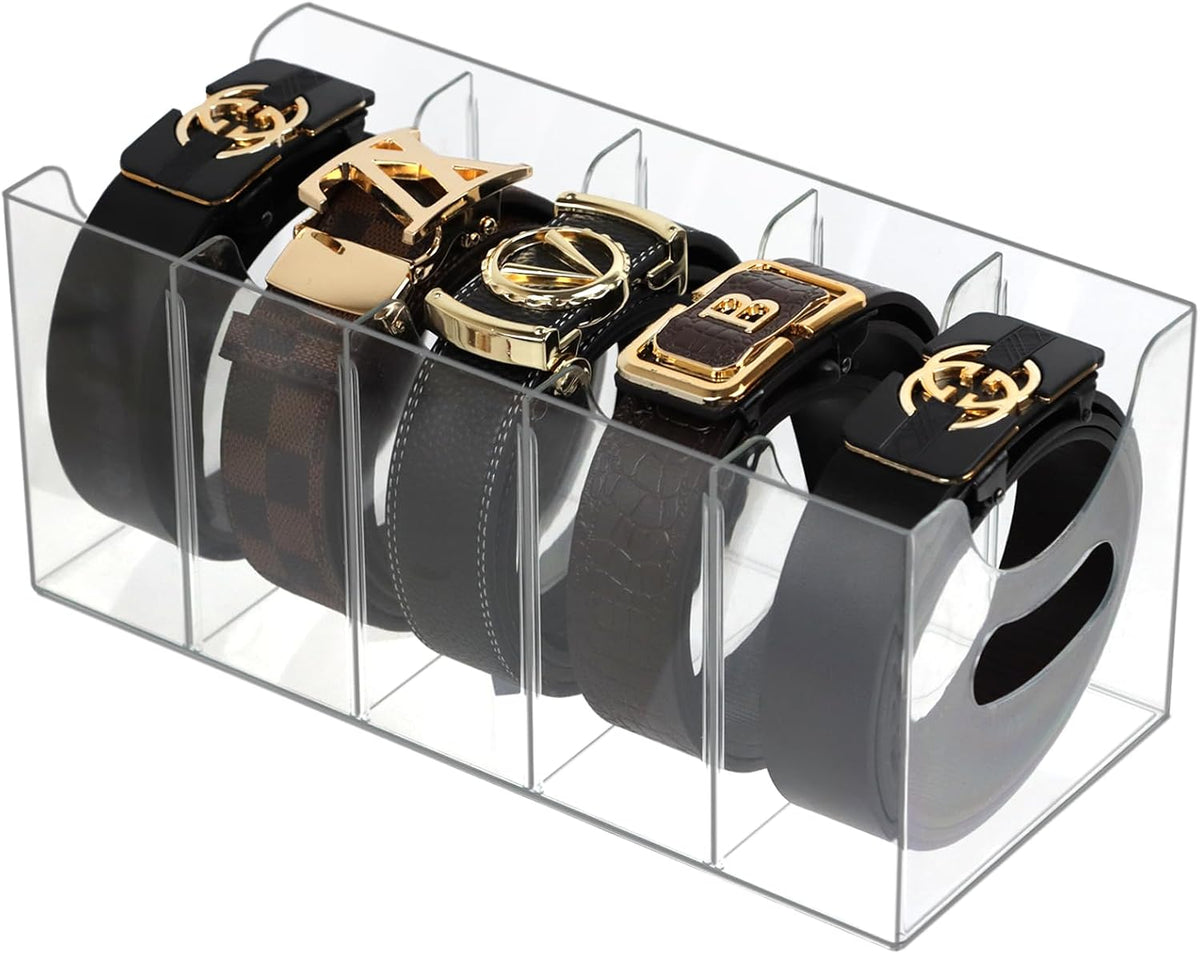 Clear Acrylic Organizer, 5-Compartment Belt Storage Holder for Closet or Pantry