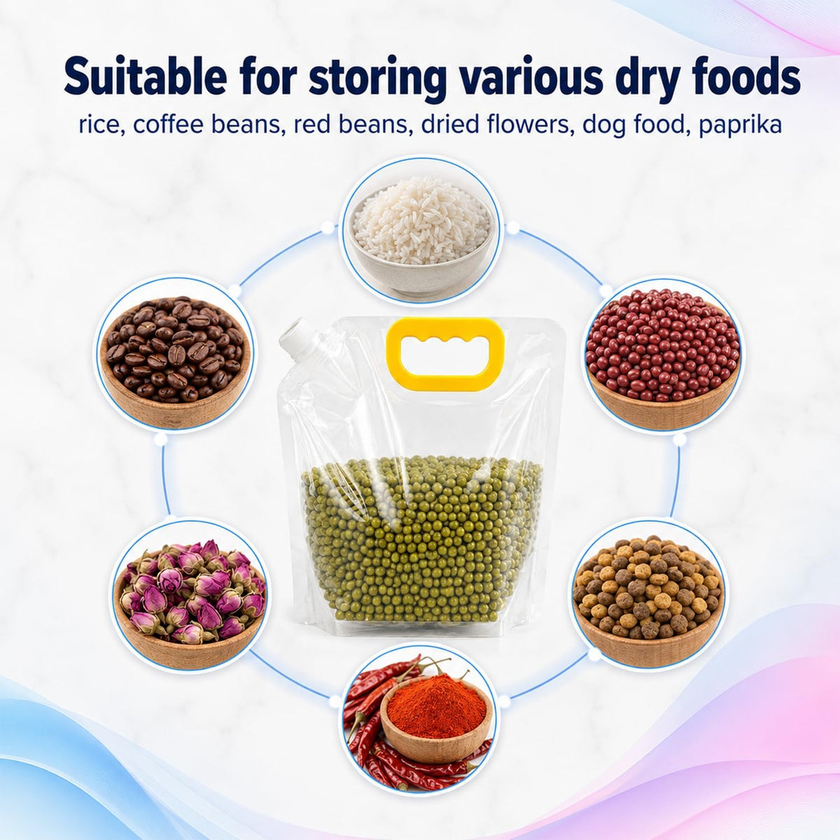 Airtight Grain Storage Bags with Handle, 5 Pack Stand-Up Food Storage Pouches for Rice, Flour & Beans