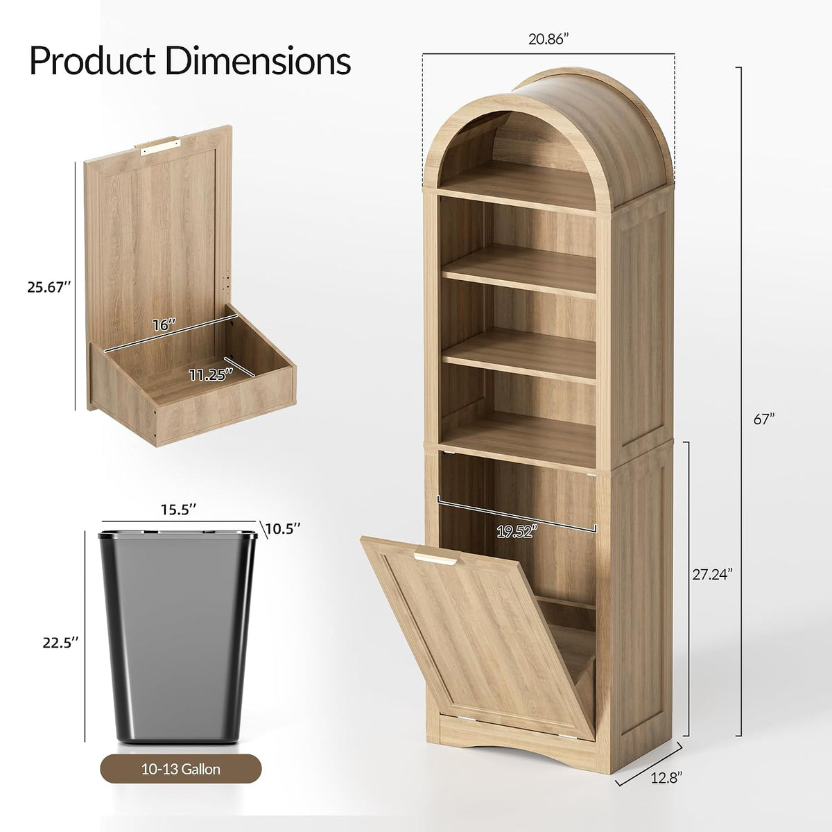 Arched Tilt-Out Trash Can Cabinet, 13 Gallon Hidden Bin with 3-Tier Open Shelves, Natural Wood