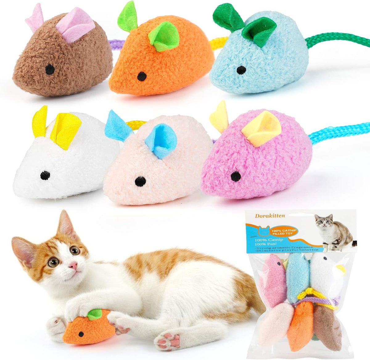 6-Piece Catnip Plush Mouse Cat Toys, Chew Toys with Catnip Filler