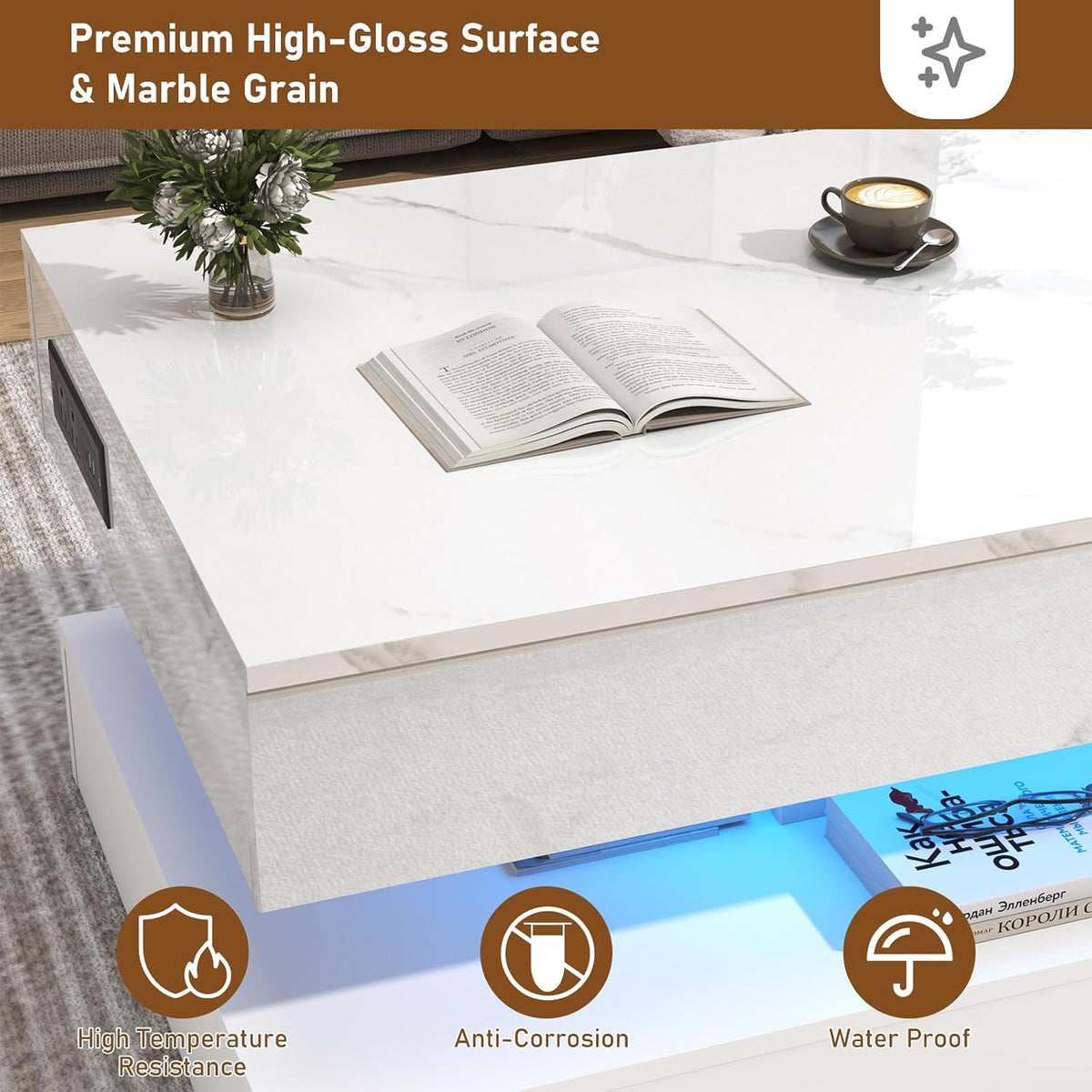 47.2" Lift Top Coffee Table with LED Lights, Charging Station & Hidden Storage, White Marble