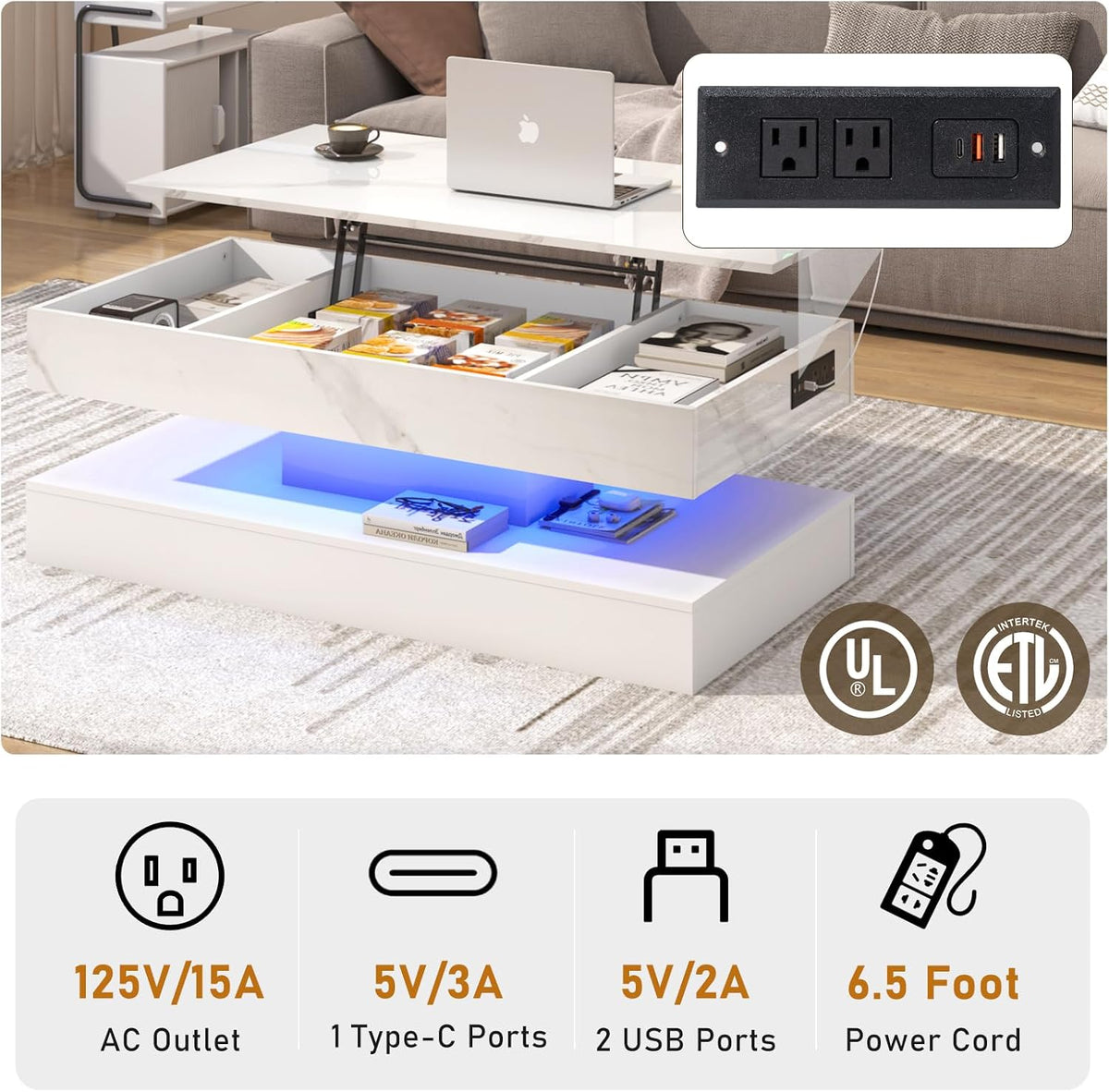 47.2" Lift Top Coffee Table with LED Lights, Charging Station & Hidden Storage, White Marble