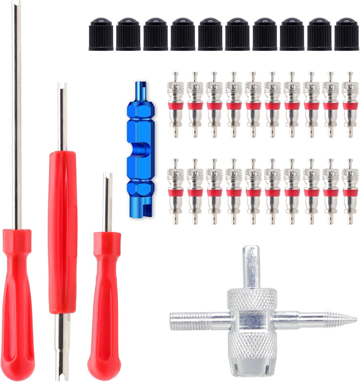 Tire Valve Stem Removal Tool Kit with 20 Valve Cores & 10 Caps, Schrader Core Tool
